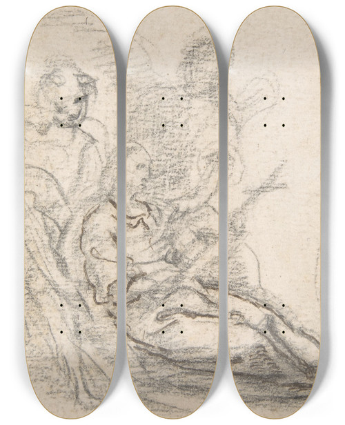 Triptych art skateboard deck of Pedro Duque Y Cornejo Reclining Figure Of Saint Holding Cross Supported By Two Angels by Pedro Duque Y Cornejo (1677-1757)