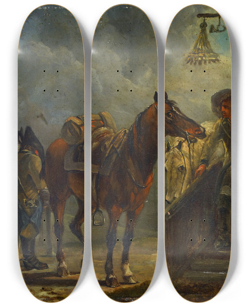 Triptych art skateboard deck of Conrad Gessner Stop At An Inn by Conrad Gessner (1764-1826)