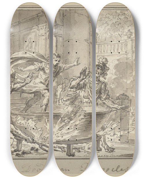 Triptych art skateboard deck of Simon Fokke Tod Des Democles by Simon Fokke (1712-1784)