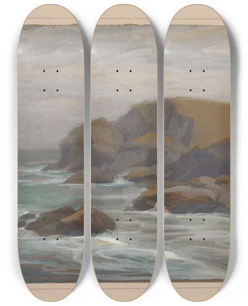 Triptych art skateboard deck of Edgard Farasyn Seascape With Rocks by Edgard Farasyn (1858-1938)