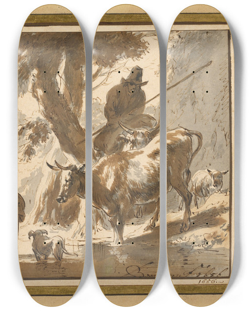 Triptych art skateboard deck of Nicolaes Pietersz Berchem Cows Crossing A Ford With A Couple And A Dog by Nicolaes Pietersz Berchem (1620-1683)