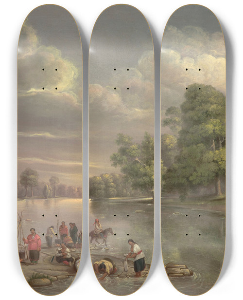 Triptych art skateboard deck of George Winter Scene On The Wabash by George Winter (1809-1876)