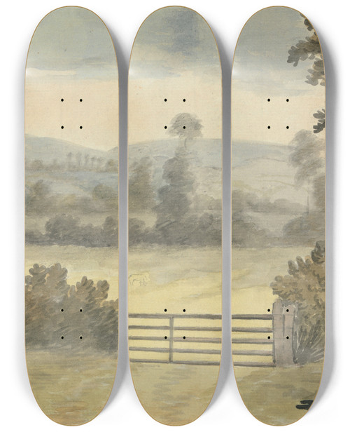 Triptych art skateboard deck of Edward Francis Burney Landscape With Pasture Gate by Edward Francis Burney (1760-1848)