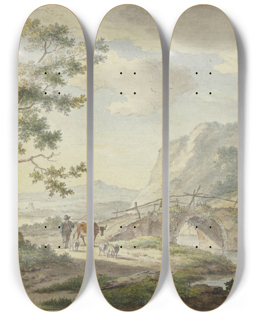 Triptych art skateboard deck of Johannes Christiaan Janson Ber Eine Steinerne Brcke Geht Ein Mann Auf Dem Weg Ein Bauer Mit Einer Kuh Und Schafen by Johannes Christiaan Janson (1763-1823)