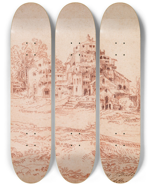 Triptych art skateboard deck of Jeanantoine Watteau Fortified Farm In The Bend Of A River by Jean-Antoine Watteau (1684-1721)