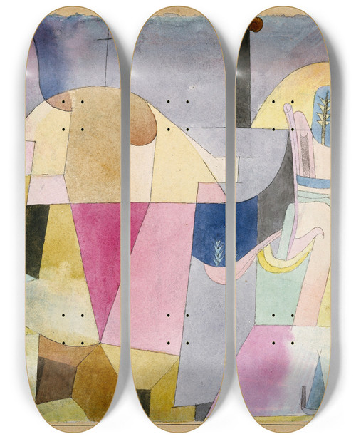 Triptych art skateboard deck of Paul Klee Black Columns In A Landscape by Paul Klee (1879-1940)