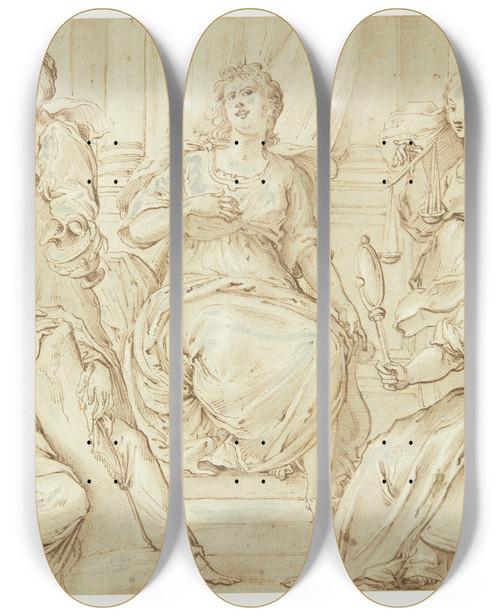 Triptych art skateboard deck of Filippo Lauri Fem Allegoriske Kvindefigurer Th Klogskab Og Retfrdighed by Filippo Lauri (1623-1694)