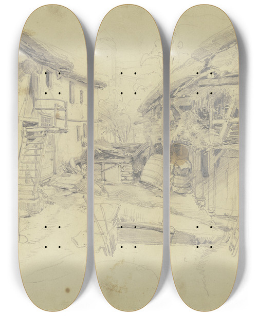 Triptych art skateboard deck of Jakob Frchtegott Dielmann Bauernhof Mit Mehreren Fssern Und Sonstigem Gert Links Fhrt Eine Hlzerne Stiege Ins Haus Rechts Steht Eine Leiter Am Mistpfuhl by Jakob Furchtegott Dielmann (1809-1885)