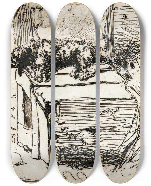 Triptych art skateboard deck of James Abbott Mcneill Whistler The Dog On Thekennel by James Abbott Mcneill Whistler (1834-1903)