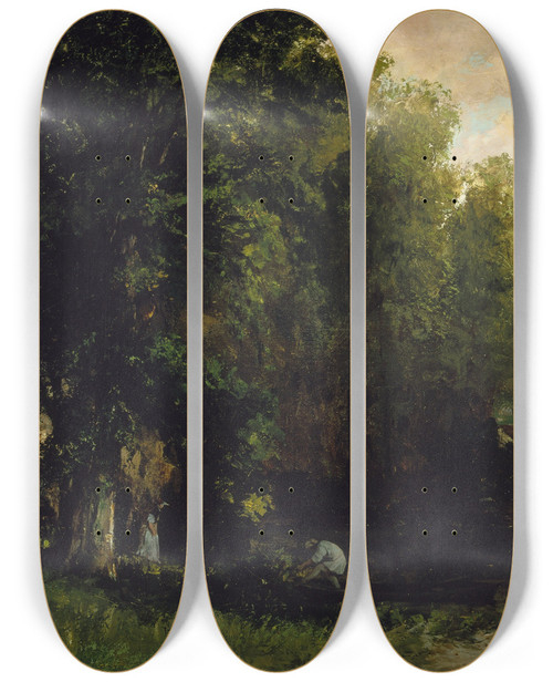 Triptych art skateboard deck of Gustave Courbet The Edge Of The Pool Au Bord De Letang by Gustave Courbet (1819-1877)