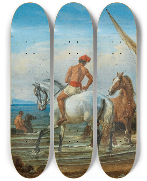 Triptych art skateboard deck of Johann Adam Klein Naples The Horses Bath by Johann Adam Klein (1792-1875)