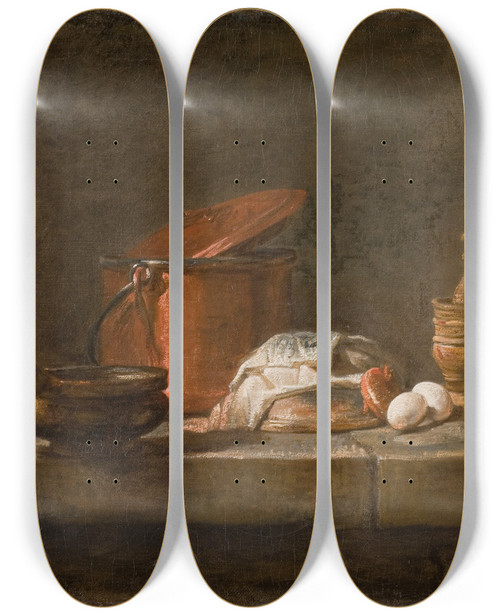 Triptych art skateboard deck of Jean Simon Chardin Still Life With Kitchen Utensils And Vegetables by Jean Simeon Chardin (1699-1779)
