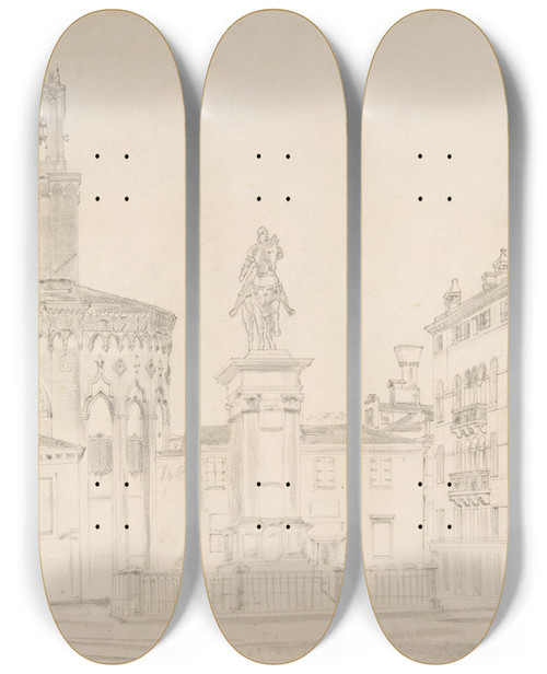 Triptych art skateboard deck of Friedrich Von Nerly View Of The South Side Of The Church Of Santi Giovanni E Paolo In Venice With Verrocchios Statue Of Bartolomeo Colleoni by Friedrich Von Nerly (1807-1878)