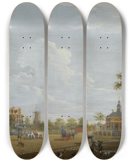 Triptych art skateboard deck of Isaac Ouwater Amsterdam A View Of The Weesperplein With The Weesperpoort The Corn Mill Het Fortuyn Onthe Fortificationweesp In The Background by Isaac Ouwater (1748-1793)