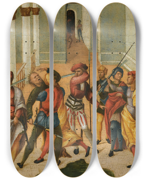 Triptych art skateboard deck of Niccol Giolfino Themurder Of The Magus Smerdis by Niccolo Giolfino (1476-1555)