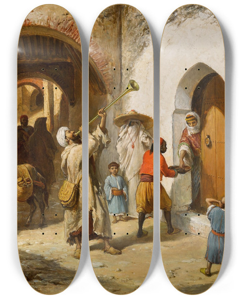 Triptych art skateboard deck of Victor Eeckhout The Day After Ramadan In Morocco by Victor Eeckhout (1821-1879)