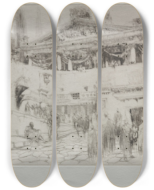 Triptych art skateboard deck of William Walcot The First Wooden Temple Of Jupiter by William Walcot (1874-1943)