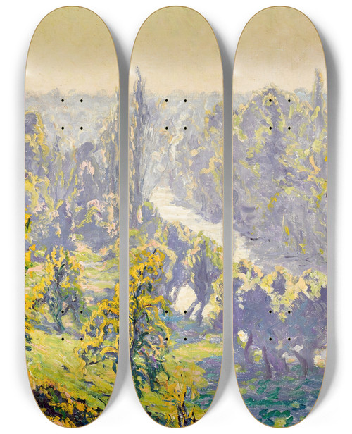 Triptych art skateboard deck of Gustave Cariot Prigny Automne Matine Sur Lyerres by Gustave Cariot (1872-1950)