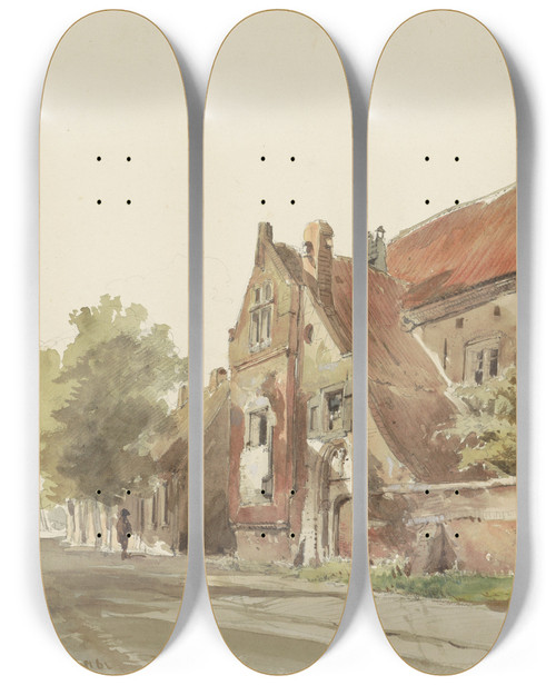 Triptych art skateboard deck of Cornelis Springer Het Oude Gasthuis Te Hasselt by Cornelis Springer (1817-1891)