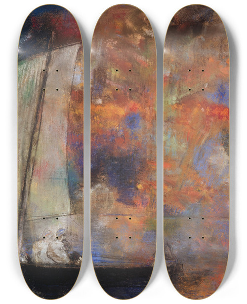Triptych art skateboard deck of Odilon Redon Flower Clouds by Odilon Redon (1840-1916)