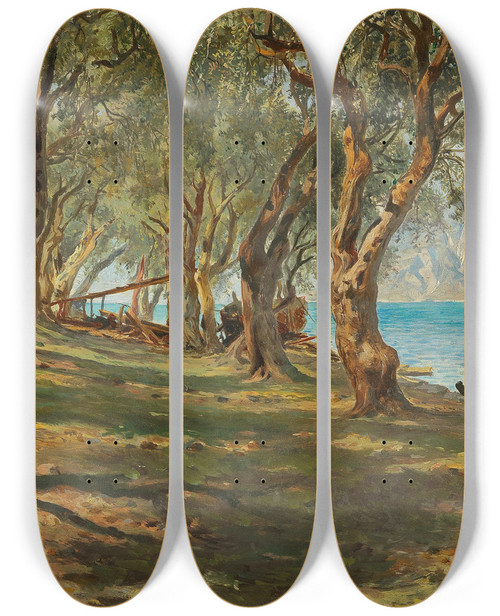 Triptych art skateboard deck of Carlo Brioschi Olivenhain Am Gardasee by Carlo Brioschi (1826-1895)
