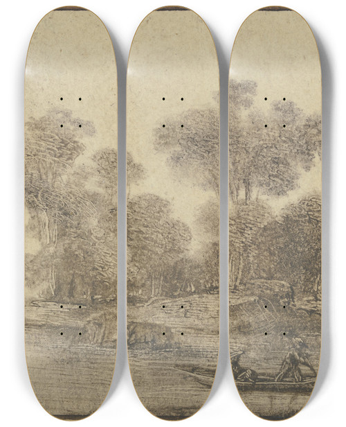 Triptych art skateboard deck of Benjamin Calau Ein Kahn Mit Einem Stehenden Und Einem Sitzenden Mann Vor Einer Bewaldeten Insel by Benjamin Calau (1724-1785)