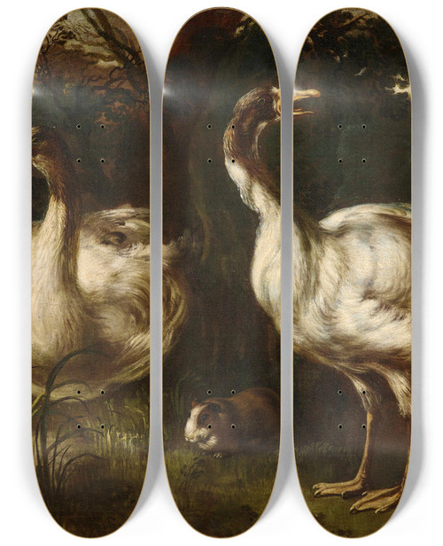 Triptych art skateboard deck of Emilian School Ducks And Guinea Pigs by Emilian School