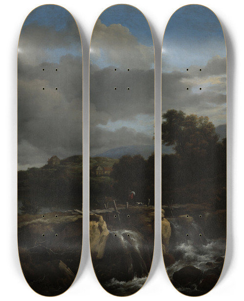 Triptych art skateboard deck of Jacob Van Ruisdael Landscape With Cascade_1 by Jacob Van Ruisdael (1628-1682)