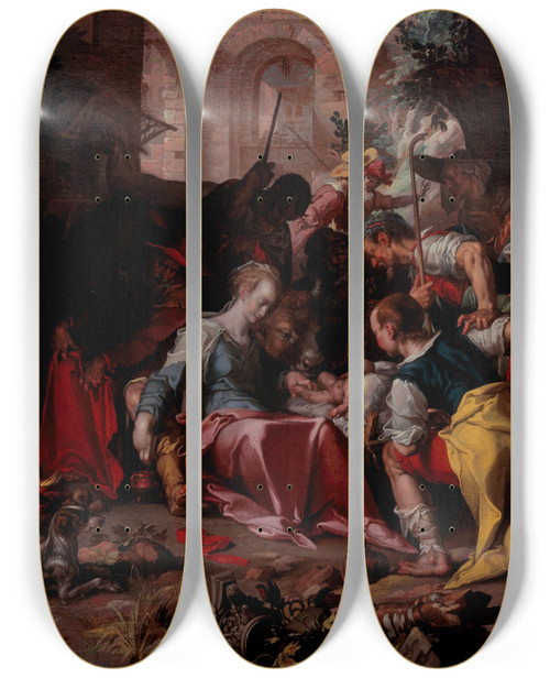 Triptych art skateboard deck of Joachim Wtewael The Adoration Of The Shepherds by Joachim Wtewael (1566-1638)