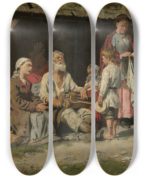Triptych art skateboard deck of Kazimierz Pochwalski Genre Scene A Hurdygurdy Player In Front Of A Cottage by Kazimierz Pochwalski (1855-1940)
