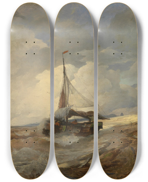 Triptych art skateboard deck of Andreas Achenbach Fischerboot In Seenot by Andreas Achenbach (1815-1910)
