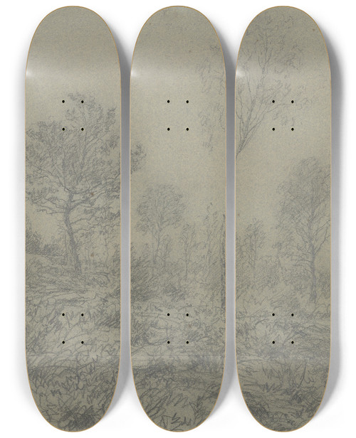 Triptych art skateboard deck of Jakob Maurer Baumgruppe An Einem Leichten Hang by Jakob Maurer (1826-1887)
