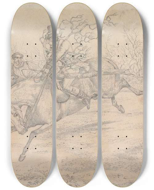 Triptych art skateboard deck of Henry Thomas Alken Sporting Notions My Good Fellows Have You Any Notion Where You Can Get A Saw by Henry Thomas Alken (1785-1851)