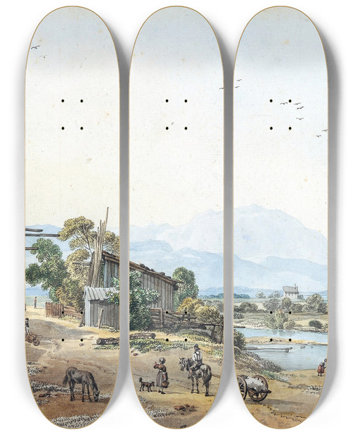 Triptych art skateboard deck of Wilhelm Von Kobell Wolfratshausen An Der Loisach by Wilhelm von Kobell (1766-1853)