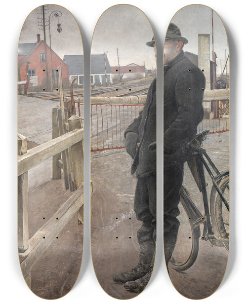 Triptych art skateboard deck of Laurits Andersen Ring Waiting For The Train Level Crossing By Roskilde Highway by Laurits Andersen Ring (1854-1933)