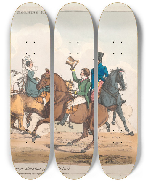 Triptych art skateboard deck of Henry Thomas Alken Scenes In The Life Of Master George Morning Ride by Henry Thomas Alken (1785-1851)