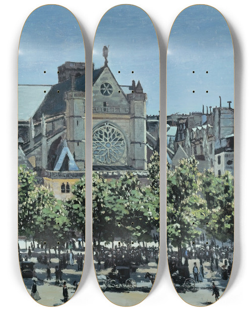 Triptych art skateboard deck of Claude Monet St Germain Lauxerrois by Claude Monet (1840-1926)