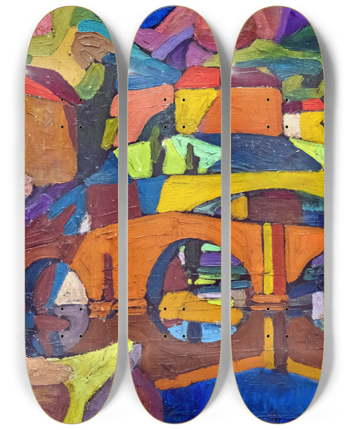 Triptych art skateboard deck of Georges Gaudion Cubist Village_2 by Georges Gaudion (1885-1942)