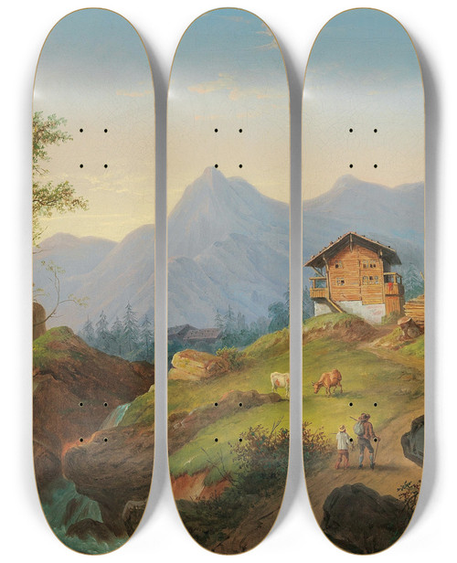 Triptych art skateboard deck of Matthias Rudolf Toma Gebirgslandschaft Mit Wanderern by Matthias Rudolf Toma (1792-1869)