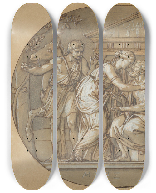 Triptych art skateboard deck of Anton Raphael Mengs Oedipus Before The Temple Of The Furies Between His Daughters Antigone And Ismene by Anton Raphael Mengs (1728-1779)