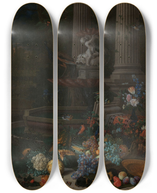 Triptych art skateboard deck of Peeter Gijsels Still Life With Vegetables Before A Draped Overturned Plinth By An Ornamental Fountain by Peeter Gijsels (1621-1690)