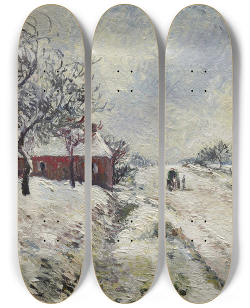 Triptych art skateboard deck of Camille Pissarro Route Enneige Avec Maison Environs Deragny by Camille Pissarro (1830-1903)