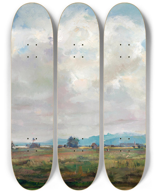 Triptych art skateboard deck of Hiasl Maiererding Moosstimmung Am Chiemsee Bei Bersee by Hiasl Maier-Erding (1894-1933)