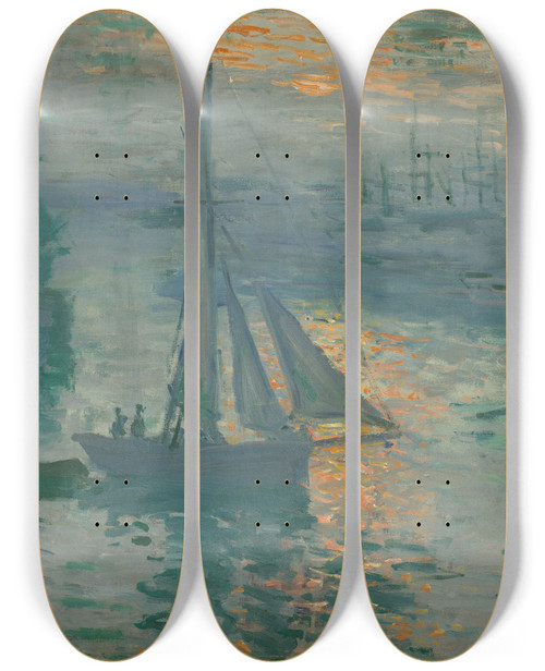 Triptych art skateboard deck of Claude Monet Sunrise Marine by Claude Monet (1840-1926)