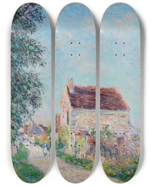 Triptych art skateboard deck of Alfred Sisley Le Village Des Sablons Prs De Veneuxnadon by Alfred Sisley (1840-1899)