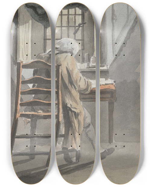 Triptych art skateboard deck of James Miller Back View Of A Seated Man In An Attic by James Miller (1773-1814)