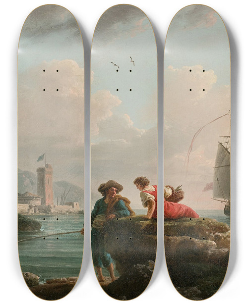 Triptych art skateboard deck of Joseph Vernet Pcheurs Sur Un Rivage Mditerranen by Joseph Vernet