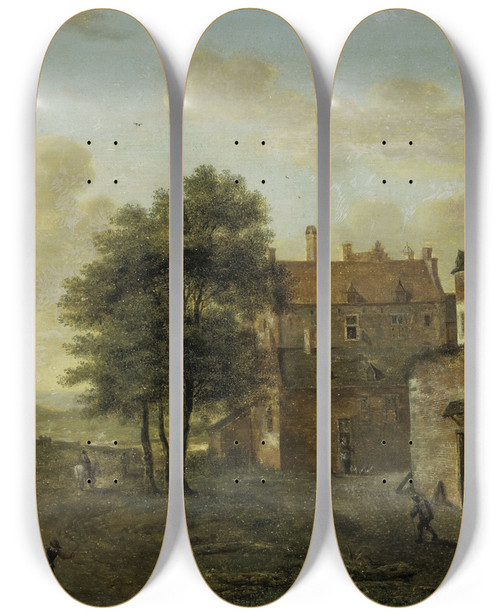 Triptych art skateboard deck of Jan Van Der Heyden A Country Home by Jan van der Heyden (1637-1712)