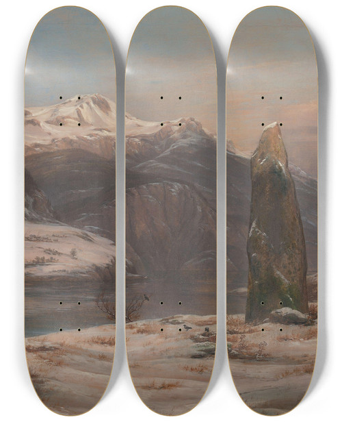 Triptych art skateboard deck of Johan Christian Dahl Winter At The Sognefjord by Johan Christian Dahl (1788-1857)
