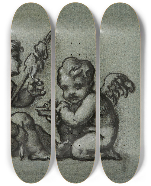 Triptych art skateboard deck of Pierrepaul Prudhon Les Fileurs by Pierre-Paul Prud'hon (1758-1823)
